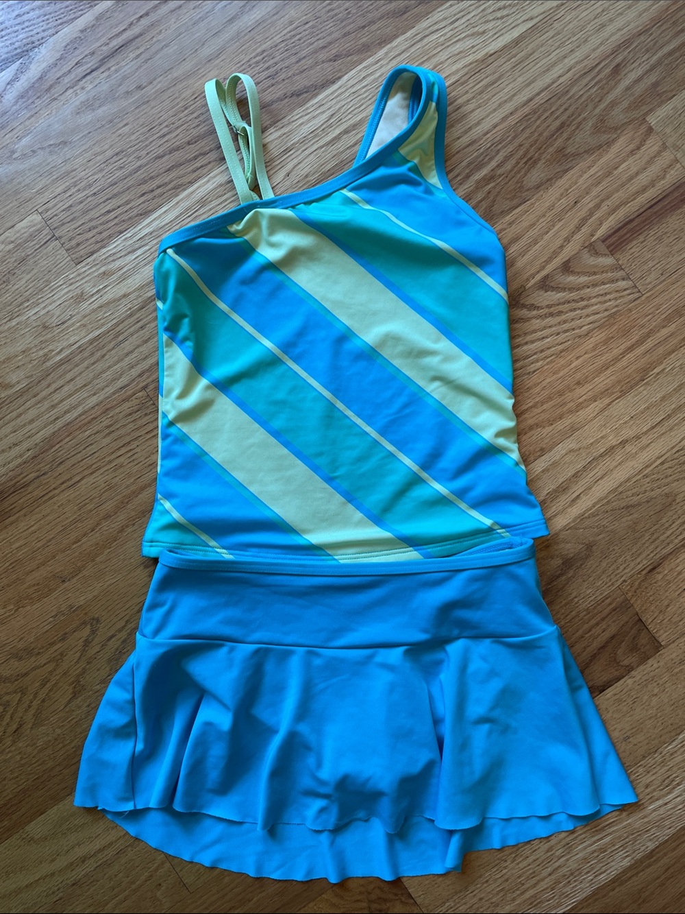 Lands’ End Striped One-Shoulder Tankini & Swim Skirt Set